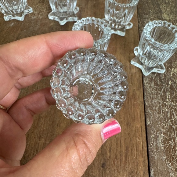 Vintage Set 7 Pressed Glass Star Base Scalloped Edge Candle holder Salt Cellar - Picture 4 of 8